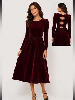 Vantage burgundy velvet midi dress size medium Y2K  goth bow cutout holiday
